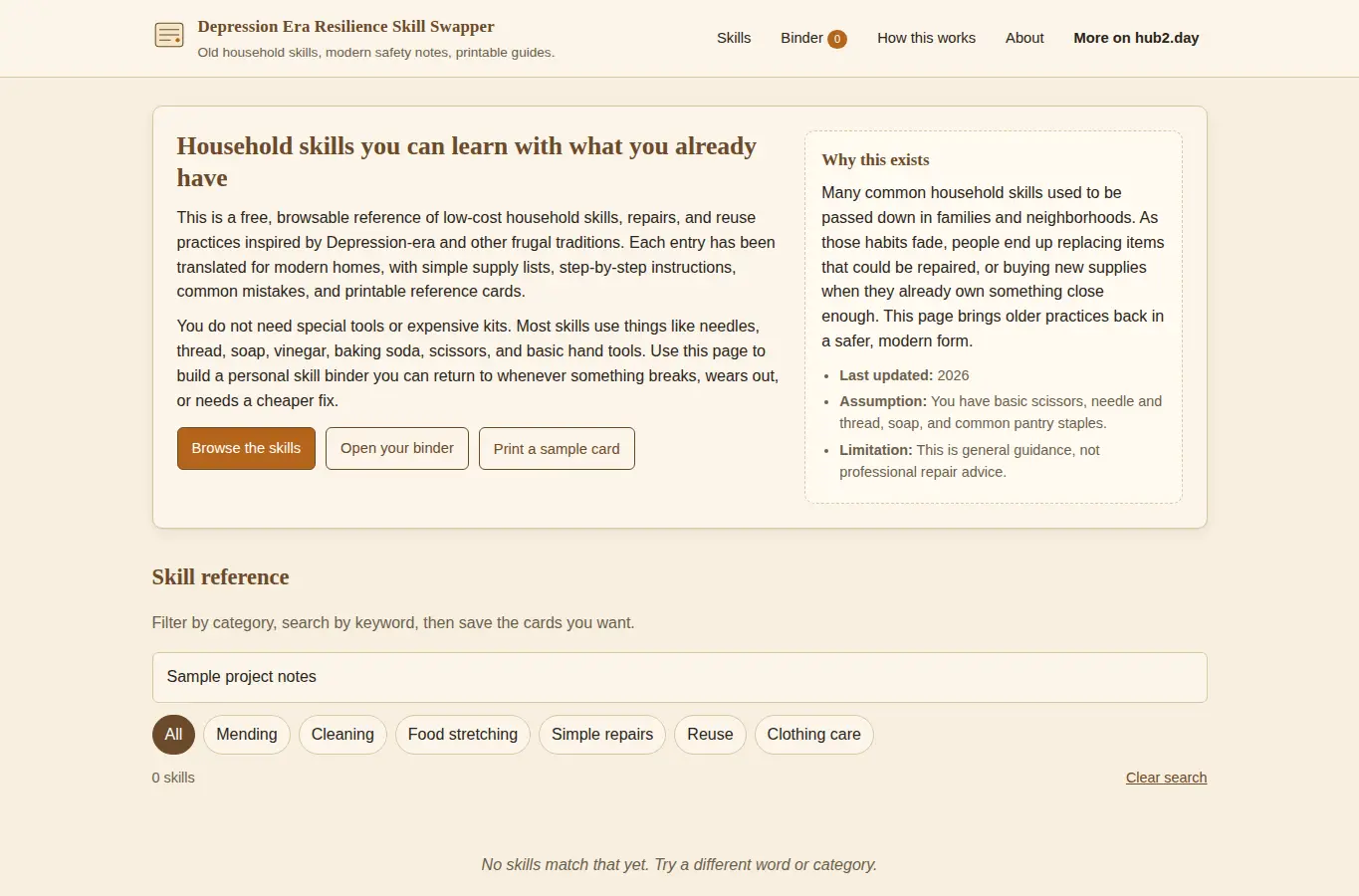 Screenshot of Depression Era Resilience Skill Swapper interface showing the project page in use